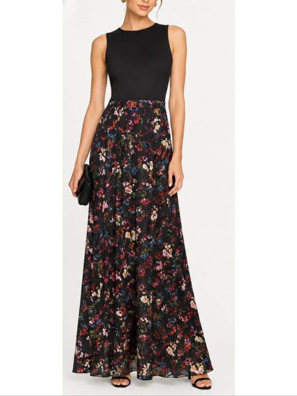 Alice + Olivia Silk Black Floral Fit Flare Maxi Dress 4  Fall Winter Party Guest